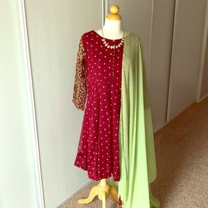 Beautiful Pakistani Maroon and Parot Green Dress